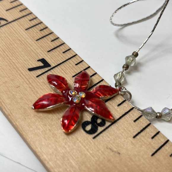 16" Red Enamel Flower Silver Tone Necklace - Picture 7 of 7